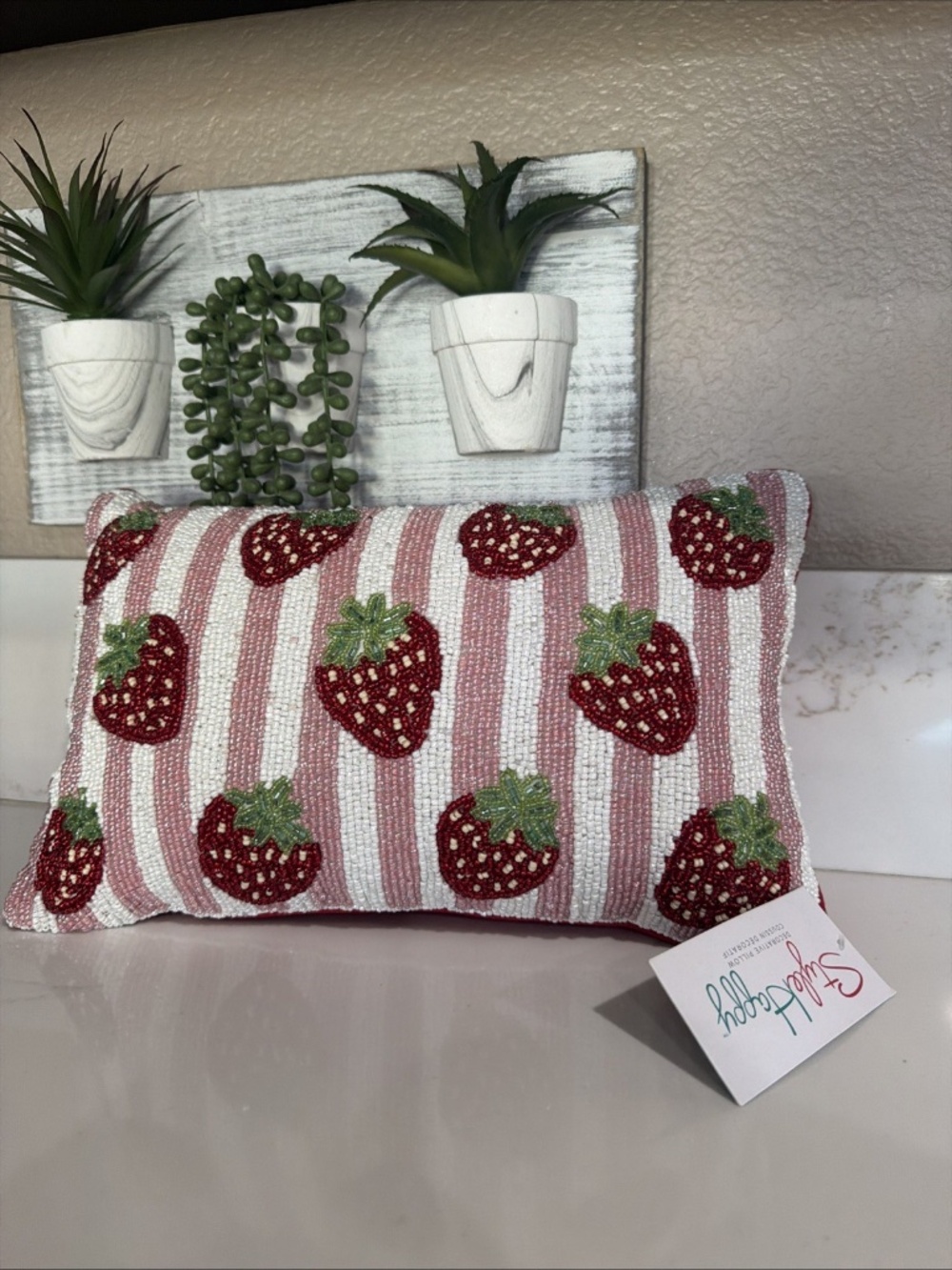Beaded Strawberry Decorative Throw Pillow